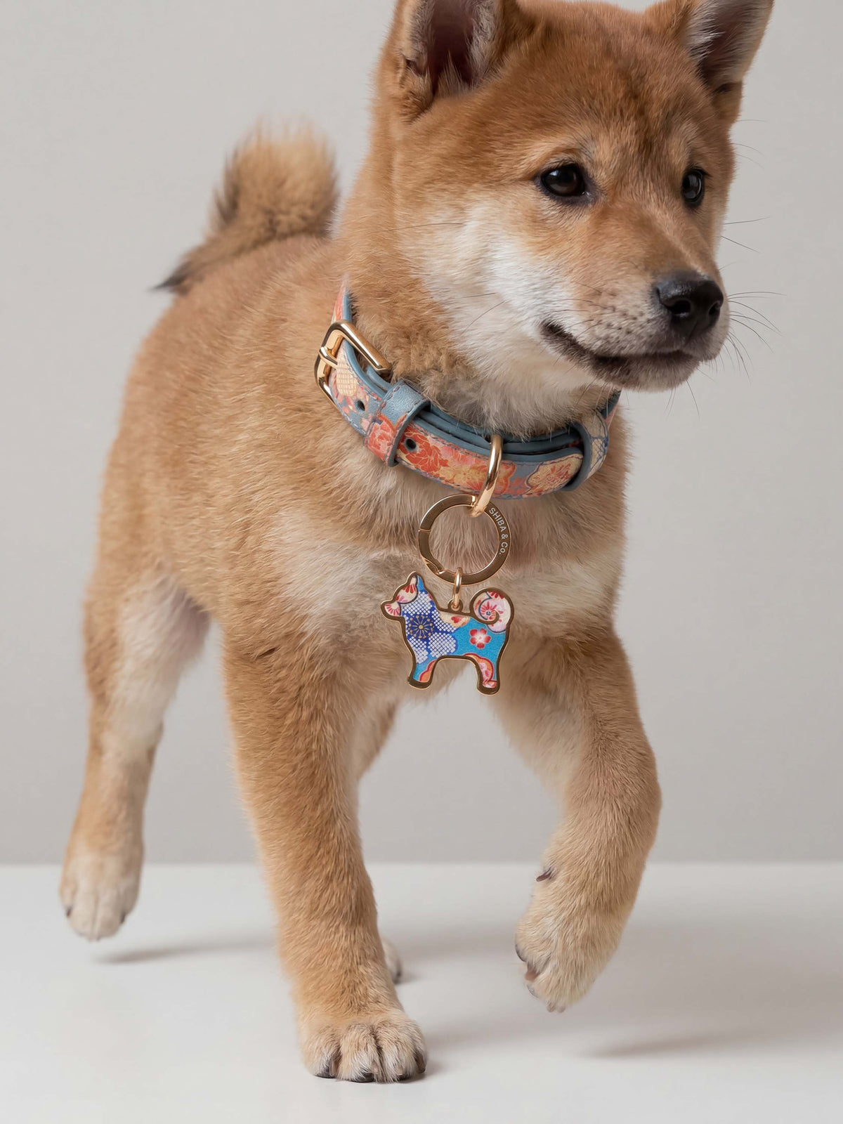 18K Gold Plated “My Precious” Shiba Inu Silhouette Dog Tag – Sakura Limited Edition - Teal Floral Pattern