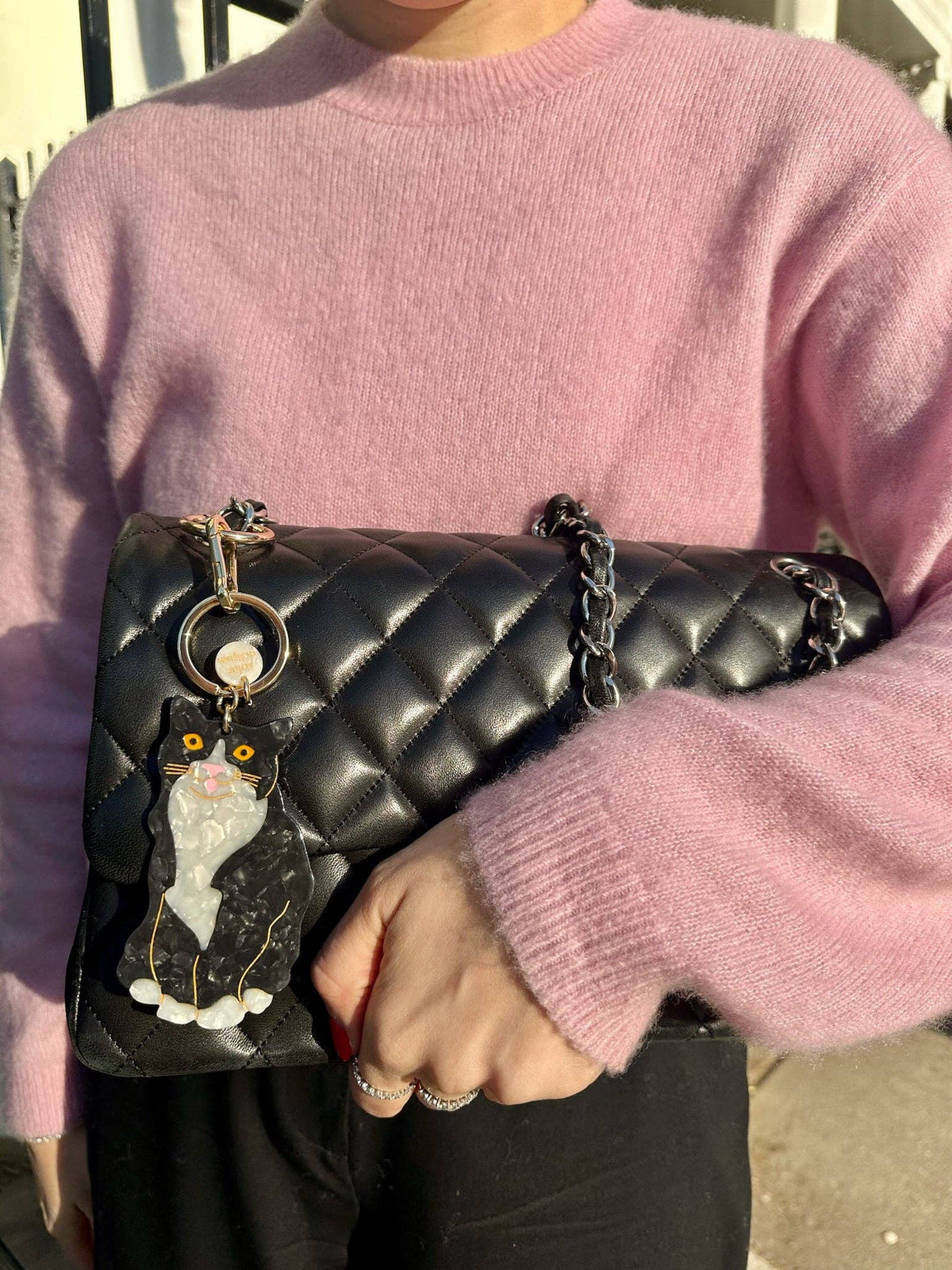 Hand-painted Tuxedo Cat Bag Charm + Keychain